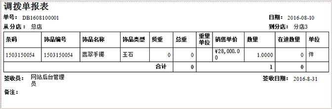 珠寶調(diào)撥單報(bào)表